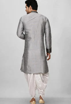 Contrast Trim Dupion Silk Dhoti Kurta in Grey