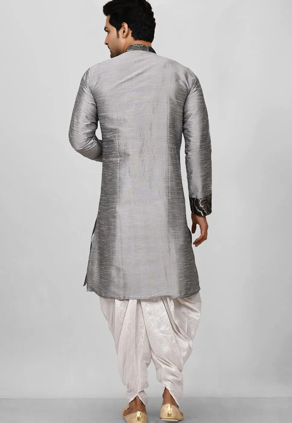 Contrast Trim Dupion Silk Dhoti Kurta in Grey