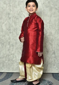 Contrast Trim Dupion Silk Dhoti Kurta in Maroon