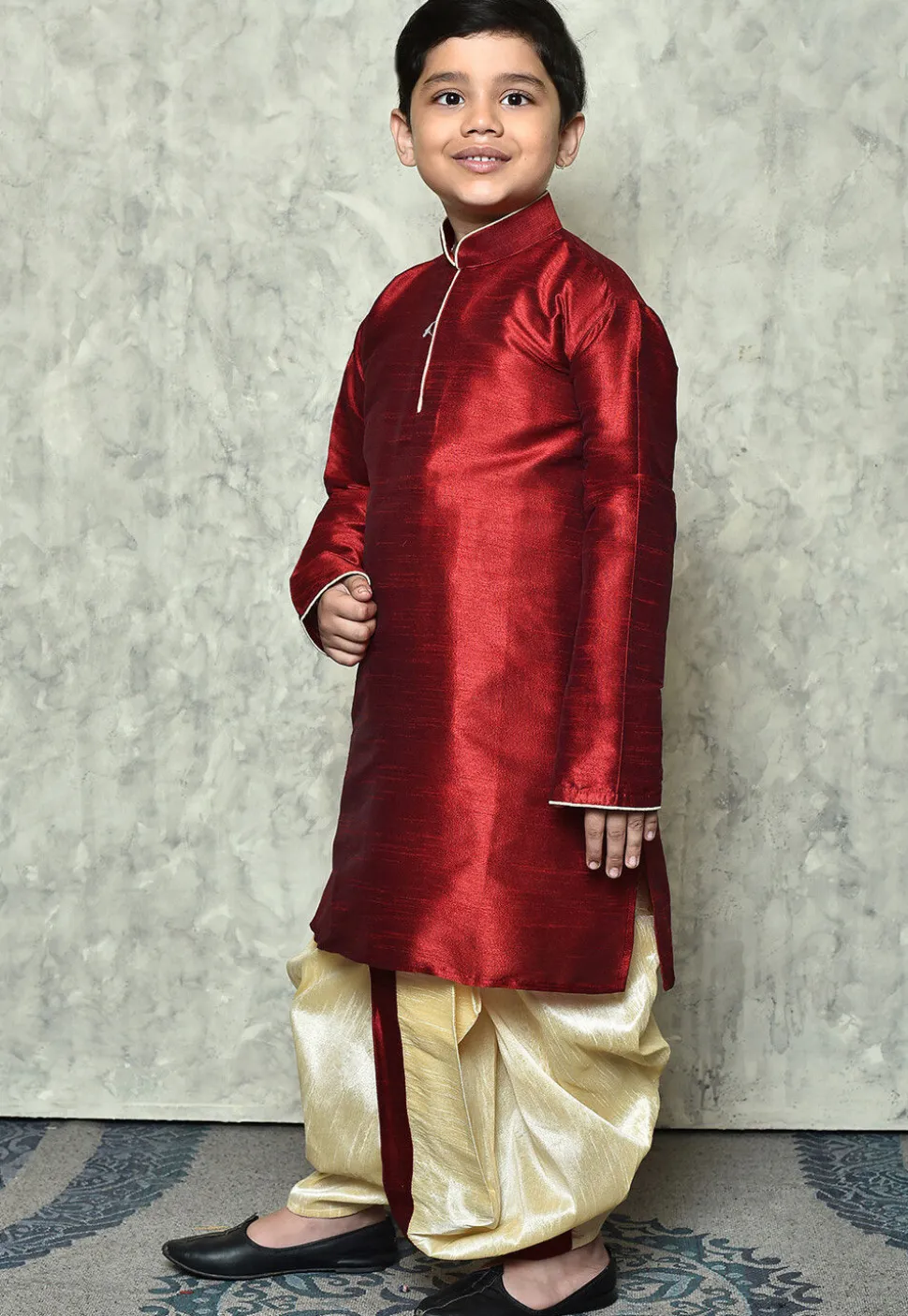 Contrast Trim Dupion Silk Dhoti Kurta in Maroon