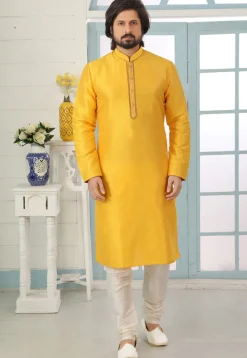 Contrast Trim Dupion Silk Kurta Set in Yellow
