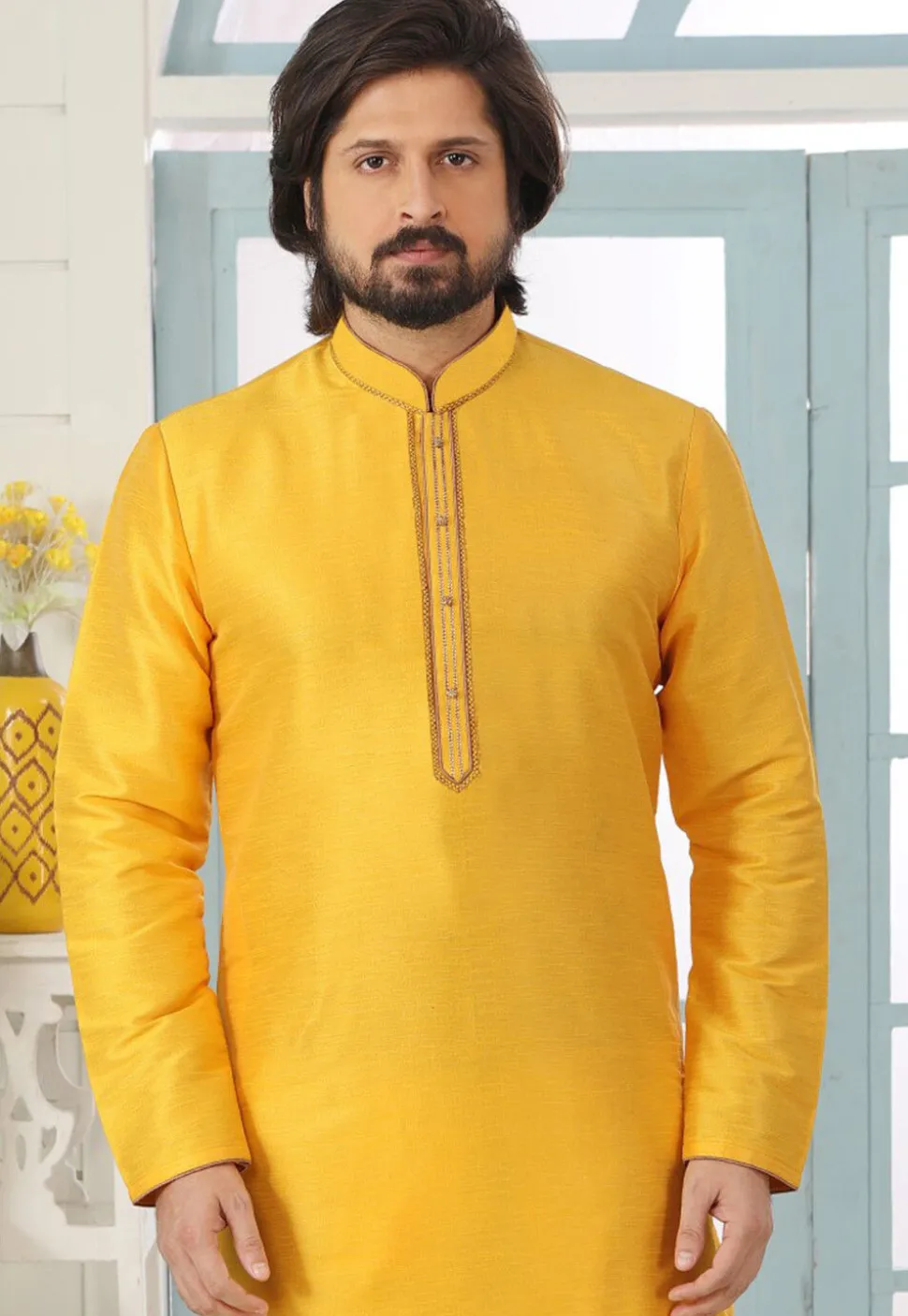 Contrast Trim Dupion Silk Kurta Set in Yellow
