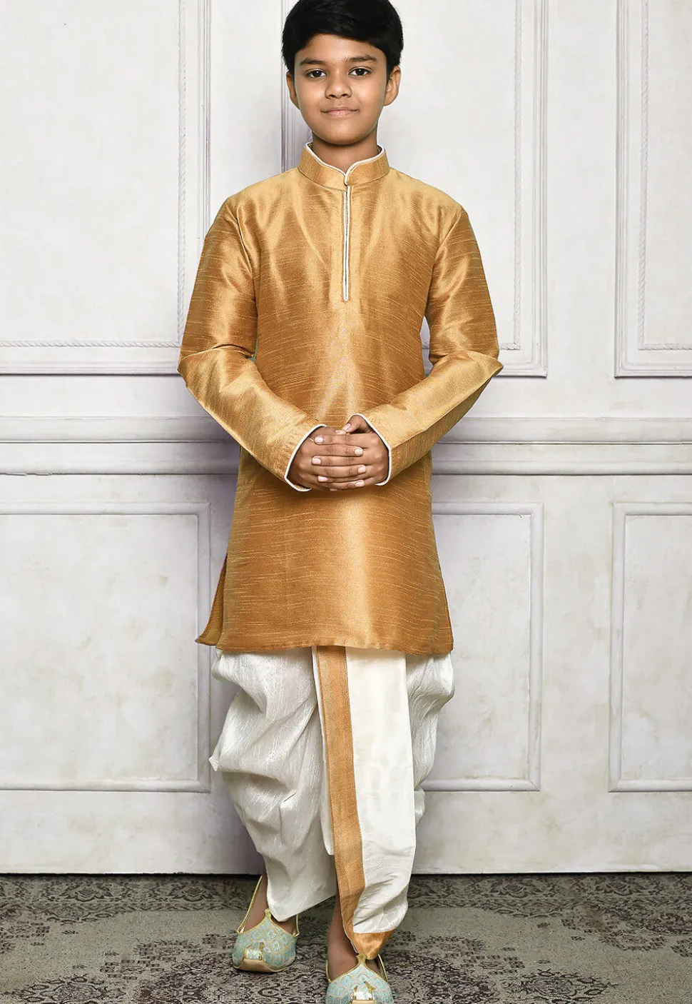 Contrast Trim Dupion Silk Dhoti Kurta in Beige