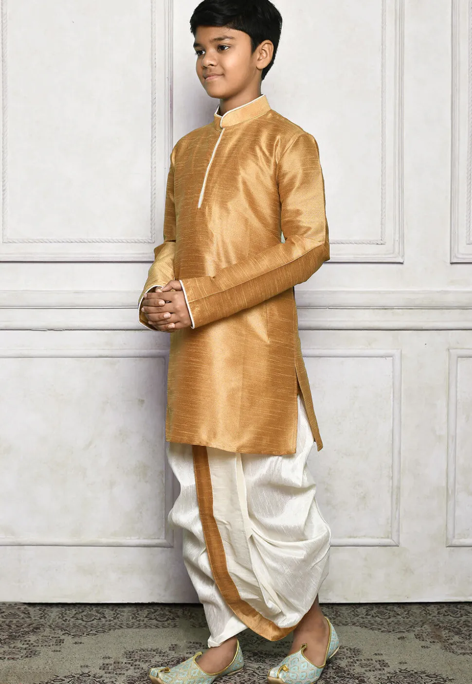 Contrast Trim Dupion Silk Dhoti Kurta in Beige