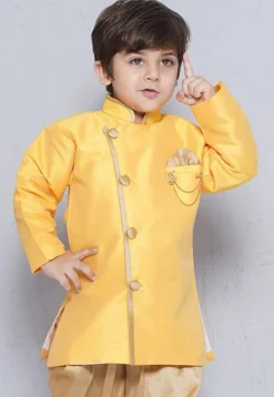 Contrast Trim Dupion Silk Kurta in Yellow