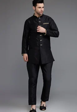 Contrast Trim Dupion Silk Kurta Set in Black
