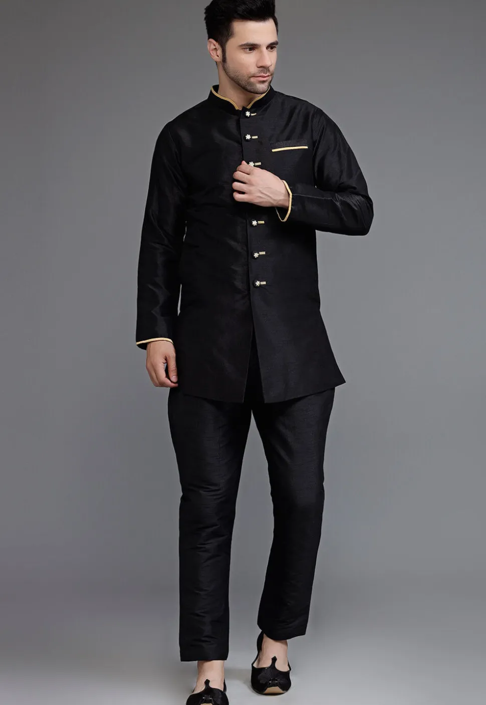 Contrast Trim Dupion Silk Kurta Set in Black