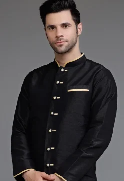 Contrast Trim Dupion Silk Kurta Set in Black