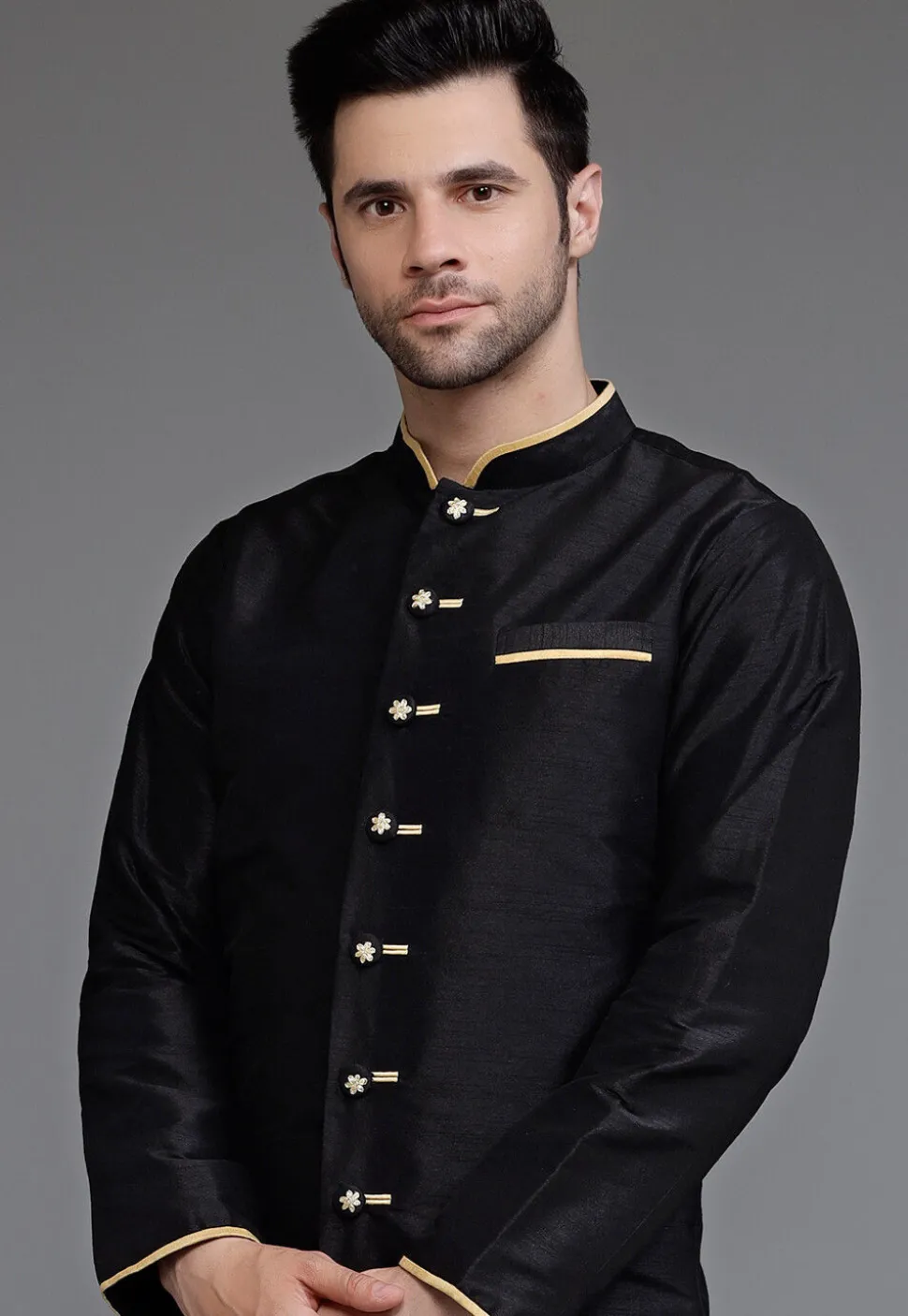 Contrast Trim Dupion Silk Kurta Set in Black