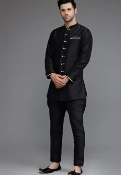 Contrast Trim Dupion Silk Kurta Set in Black