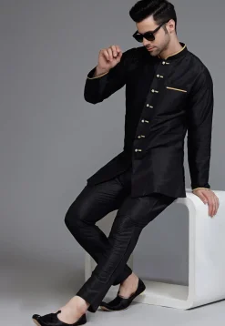Contrast Trim Dupion Silk Kurta Set in Black