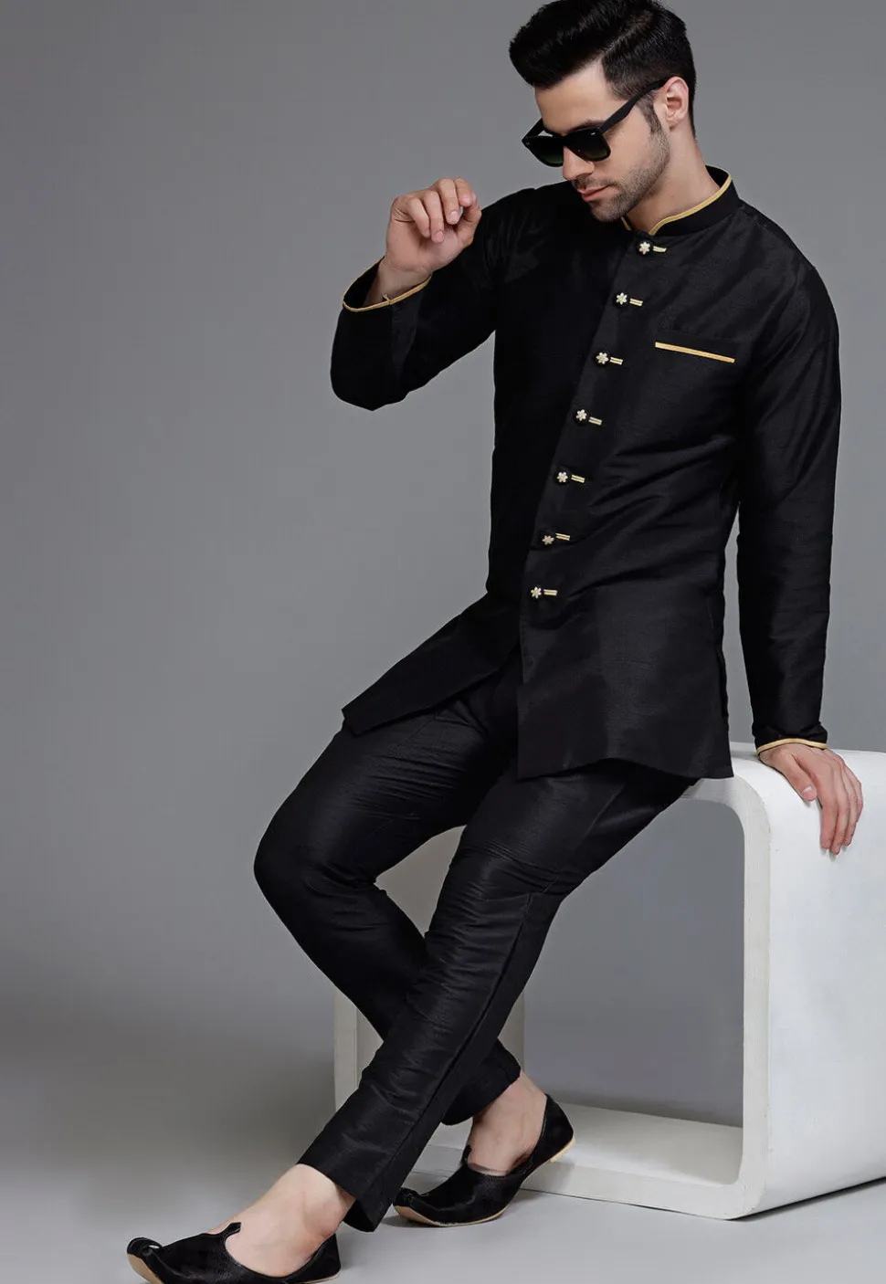 Contrast Trim Dupion Silk Kurta Set in Black