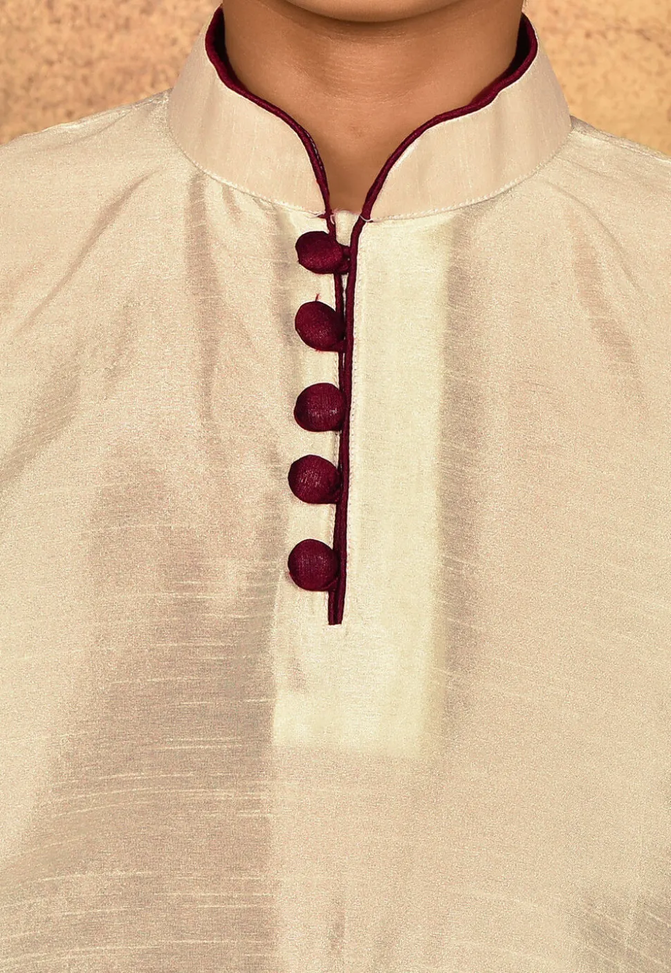 Contrast Trim Dupion Silk Kurta in Light Beige
