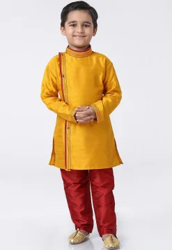 Contrast Trim Dupion Silk Kurta Set in Mustard