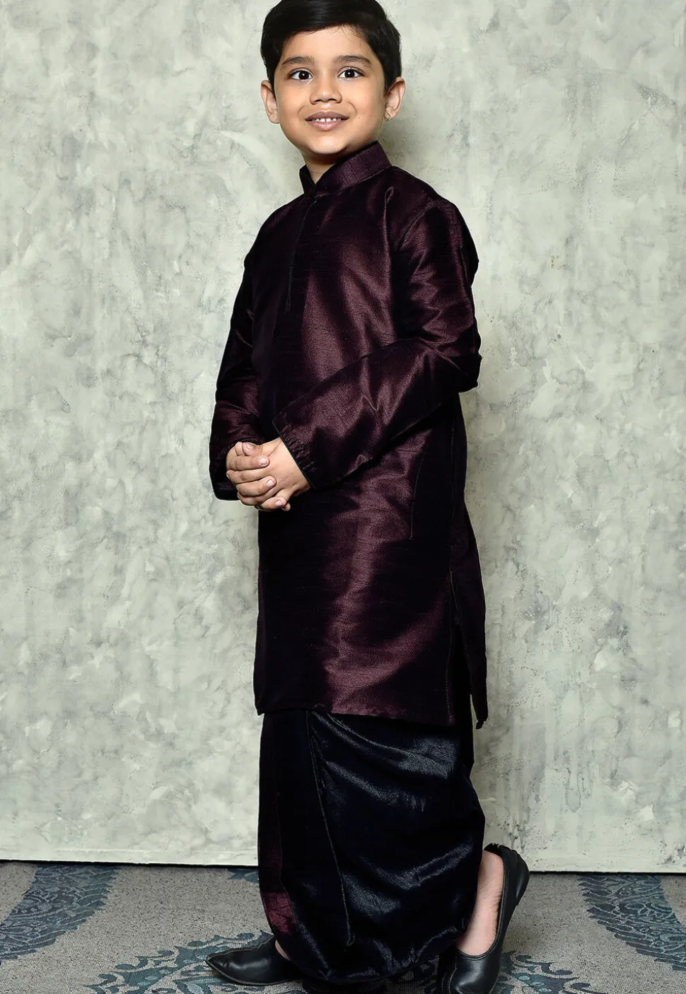 Contrast Trim Dupion Silk Dhoti Kurta in Wine
