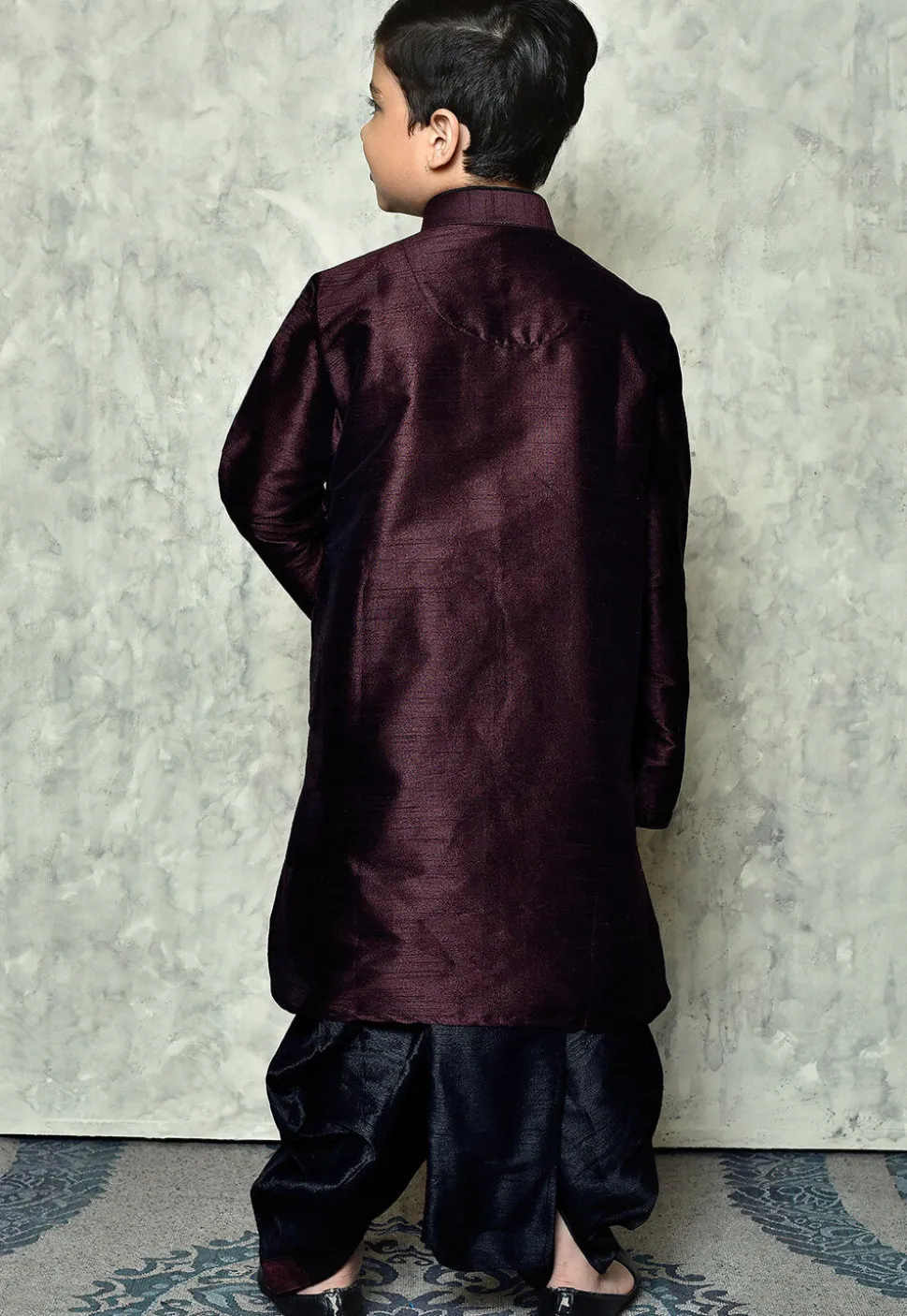 Contrast Trim Dupion Silk Dhoti Kurta in Wine