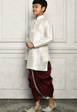 Contrast Trim Dupion Silk Dhoti Kurta in Off White