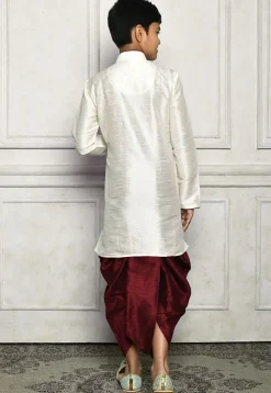 Contrast Trim Dupion Silk Dhoti Kurta in Off White