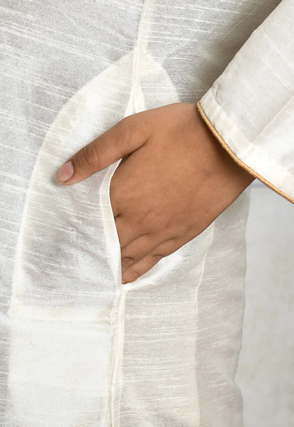 Contrast Trim Dupion Silk Dhoti Kurta in Off White