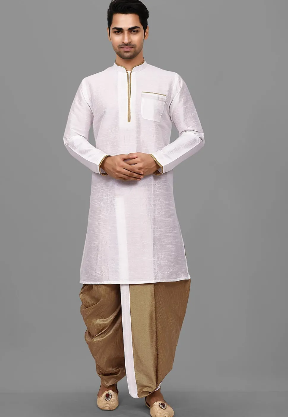 Contrast Trim Dupion Silk Dhoti Kurta in White