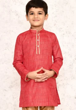 Contrast Trim Jute Cotton Kurta in Coral Red