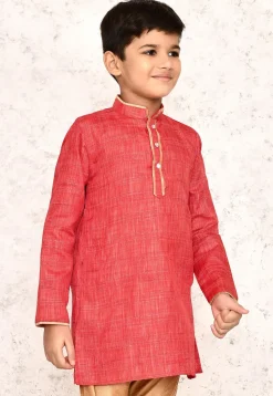 Contrast Trim Jute Cotton Kurta in Coral Red