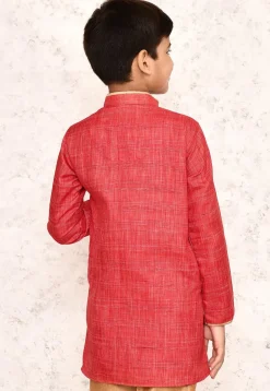 Contrast Trim Jute Cotton Kurta in Coral Red