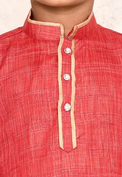 Contrast Trim Jute Cotton Kurta in Coral Red