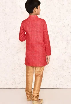 Contrast Trim Jute Cotton Kurta Set in Coral Red