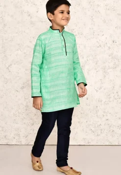 Contrast Trim Jute Cotton Kurta Set in Green