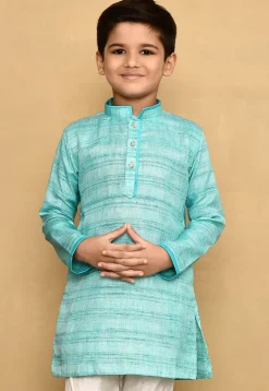 Contrast Trim Jute Cotton Kurta in Blue