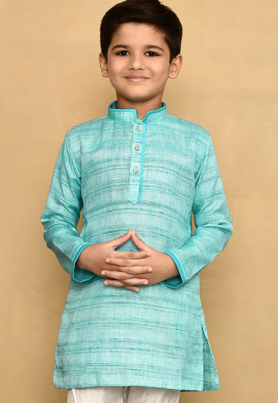 Contrast Trim Jute Cotton Kurta in Blue