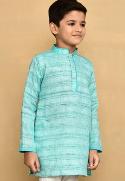 Contrast Trim Jute Cotton Kurta in Blue