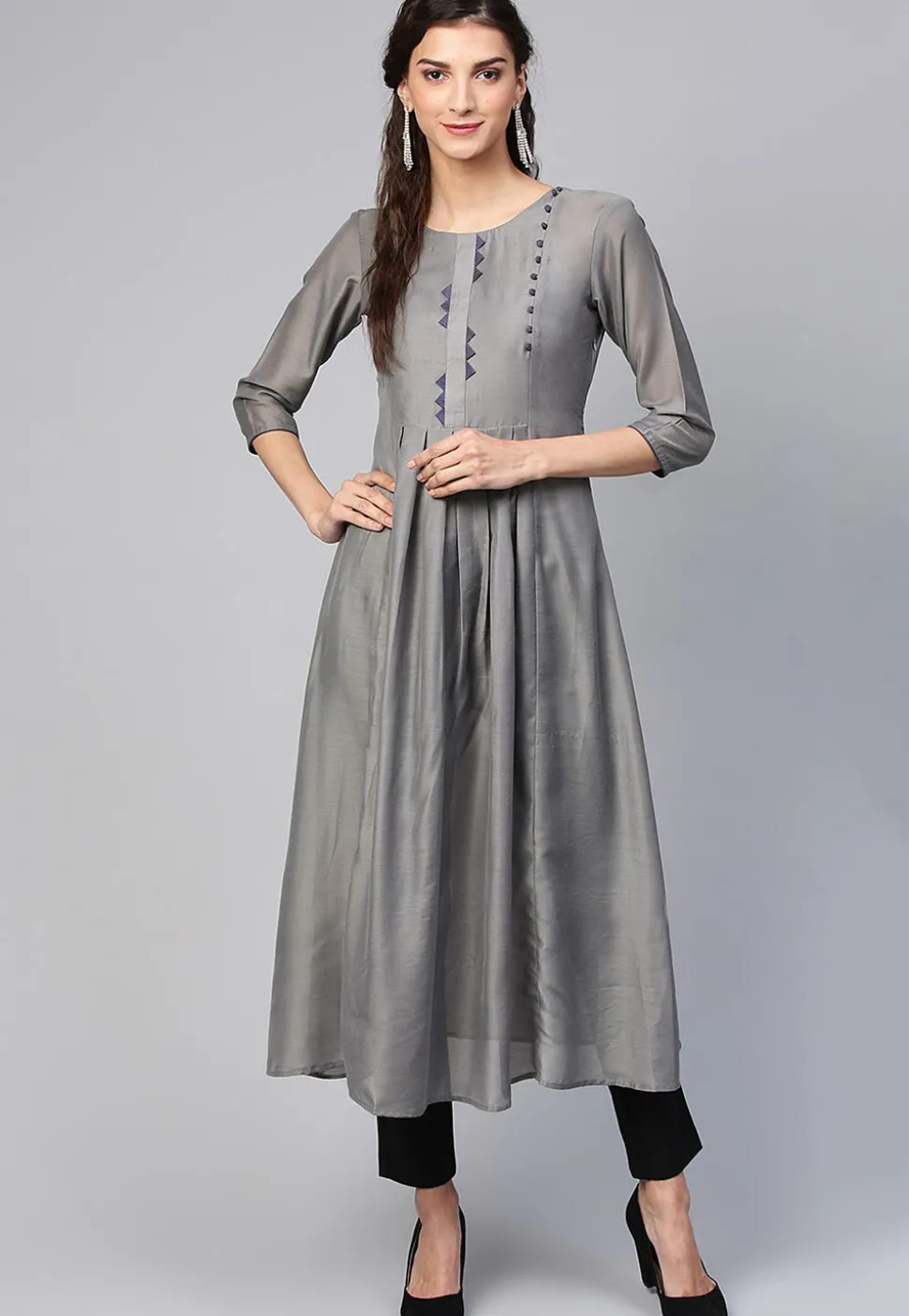 Contrast Trim Muslin Silk A Line Kurta in Grey