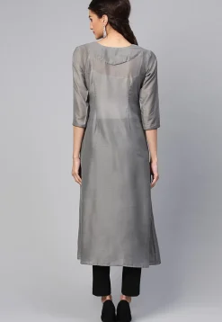 Contrast Trim Muslin Silk A Line Kurta in Grey