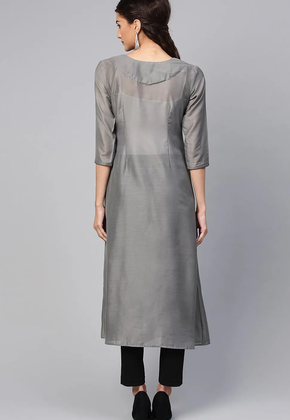 Contrast Trim Muslin Silk A Line Kurta in Grey