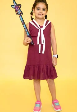 Contrast Trim Pure Cotton Aline Dress in Wine