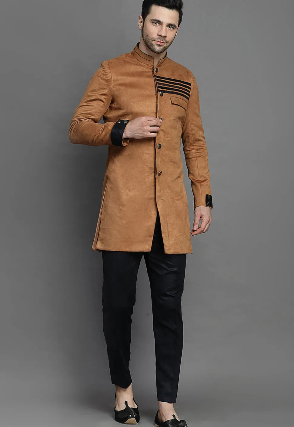 Contrast Trim Suede Sherwani in Brown