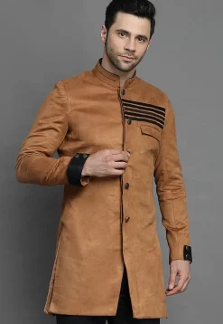 Contrast Trim Suede Sherwani in Brown