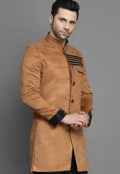 Contrast Trim Suede Sherwani in Brown