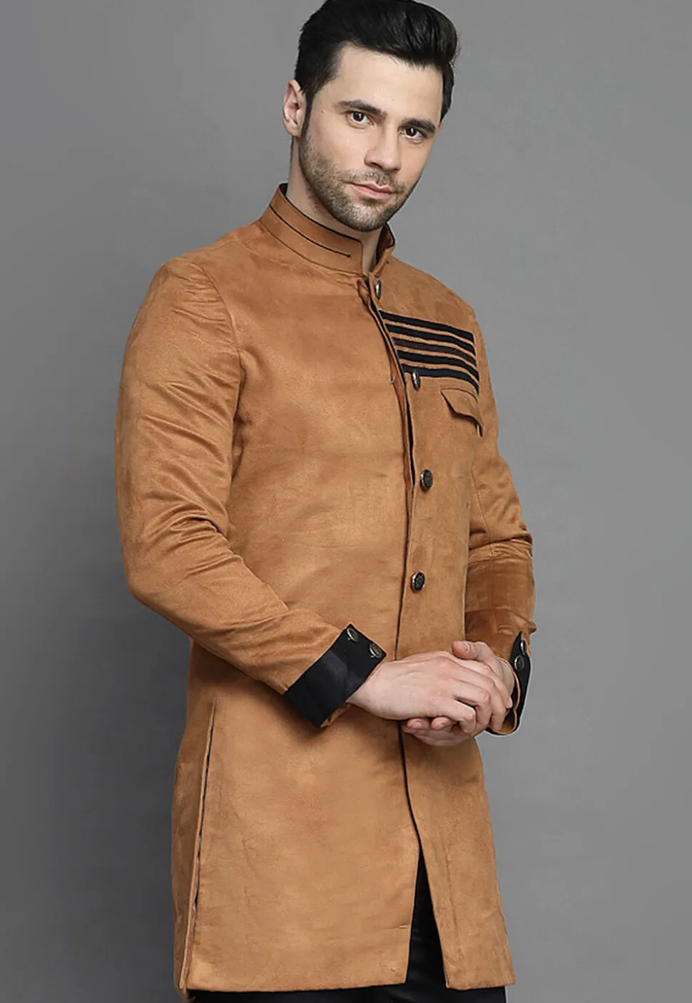 Contrast Trim Suede Sherwani in Brown