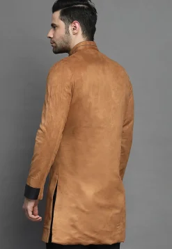 Contrast Trim Suede Sherwani in Brown