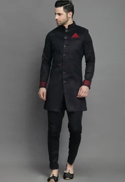 Contrast Trim Suede Sherwani in Black