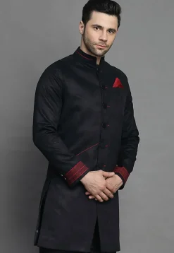 Contrast Trim Suede Sherwani in Black