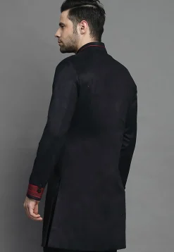 Contrast Trim Suede Sherwani in Black