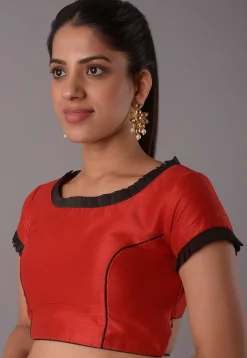 Contrast Trims Art Silk Blouse in Red