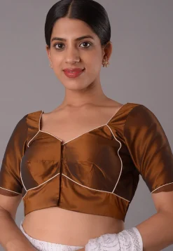 Contrast Trims Art Silk Blouse in Brown
