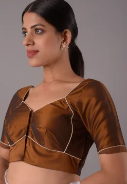 Contrast Trims Art Silk Blouse in Brown