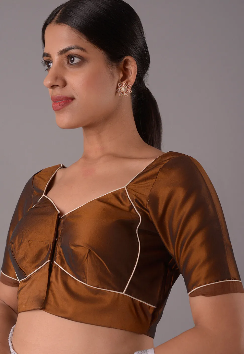 Contrast Trims Art Silk Blouse in Brown