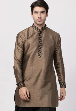 Contrast Trims Art Silk Short Kurta in Brown